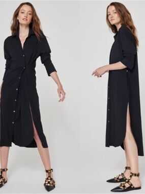 Ona Olivia Long Sleeve Side Slits Oversized Convertible‎ Shirt Dress Black Large